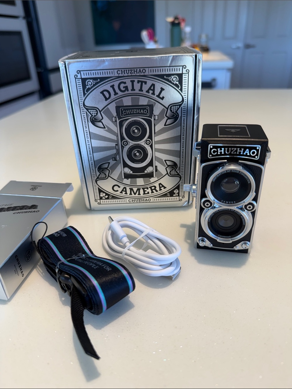 Black Retro Twin-Lens Digital Camera with Accessories